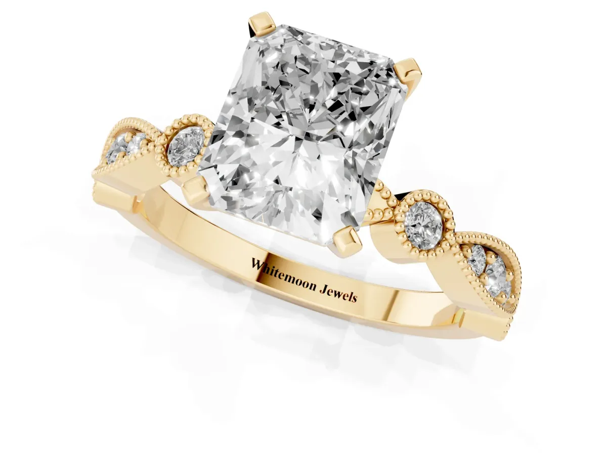 Radiant Cut Milgrain Bezel Diamond Engagement Ring with Solitaire Prong Setting Yellow gold