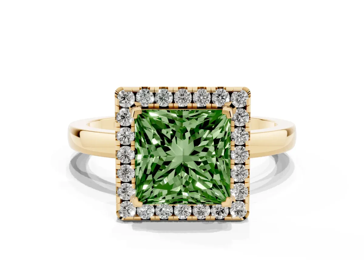 Fancy Green Princess Cut Halo Diamond Solitaire with Pavé Band and Four-Prong Setting Yellow gold
