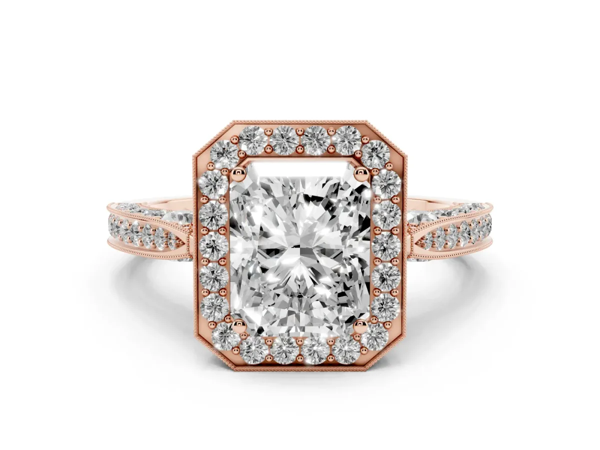 Radiant Cut Halo Diamond Engagement Ring with Split Shank Band and Four-Prong Setting Rose gold