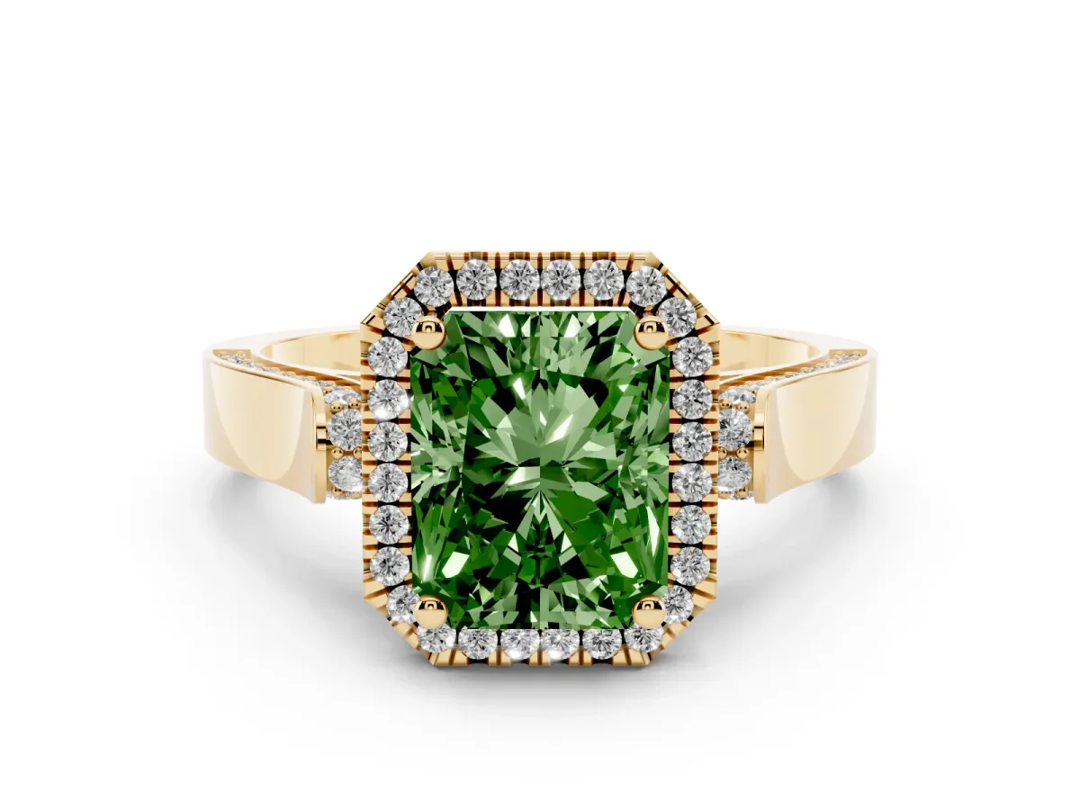 Fancy Green Radiant Cut Halo Round Diamond Twist Band with Four-Prong Setting Yellow gold
