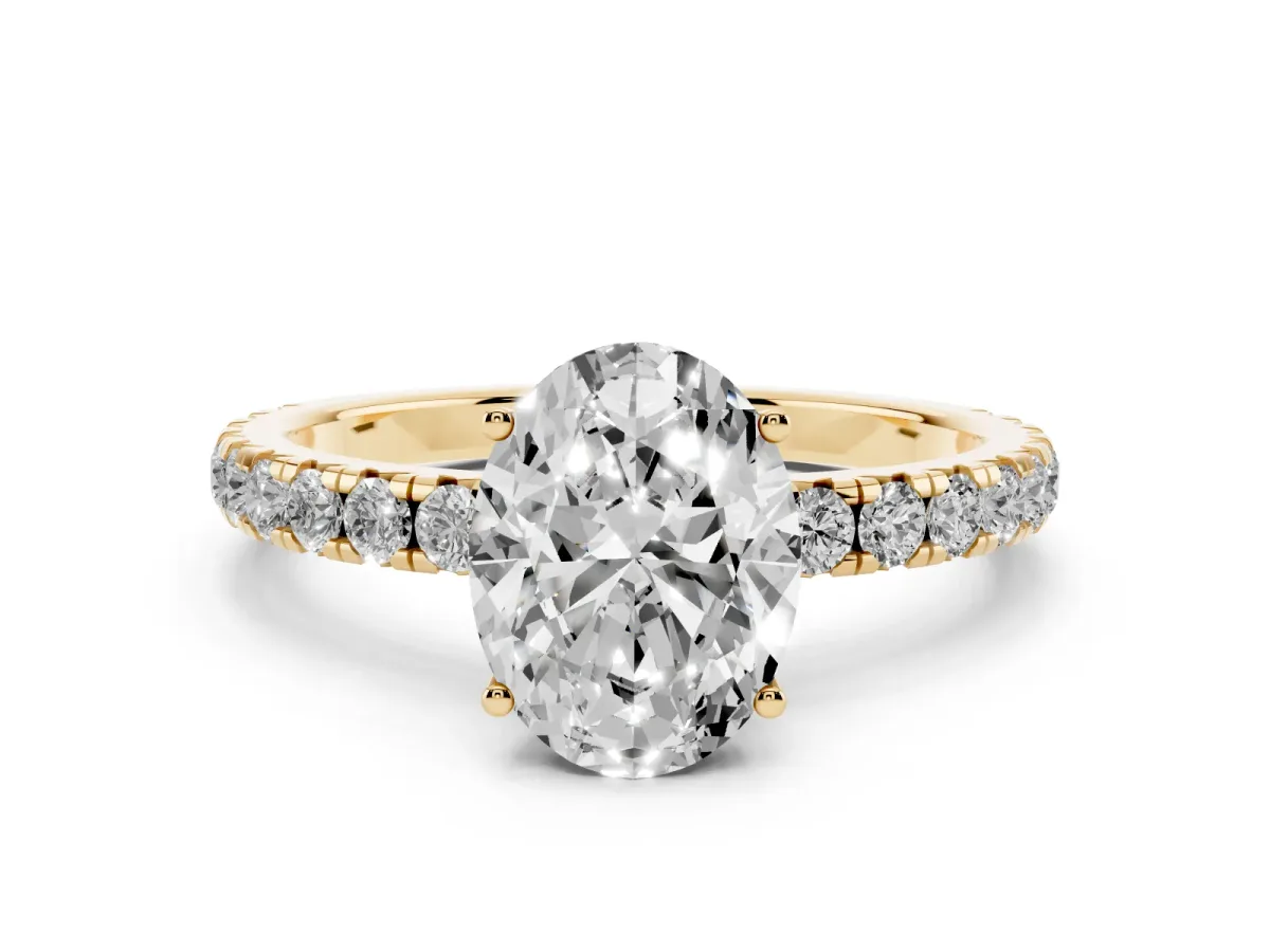 Oval Cut Diamond Pavé Solitaire Engagement Ring with Four-Prong Setting Yellow gold