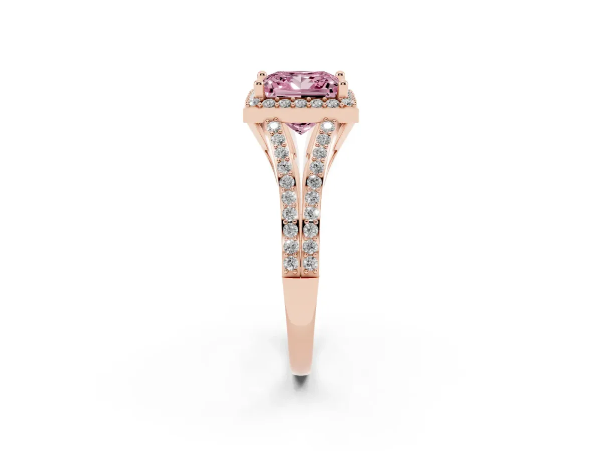 Fancy Pink Princess Cut Halo Split Shank Pave Diamond Ring with Four-Prong Setting Rose gold