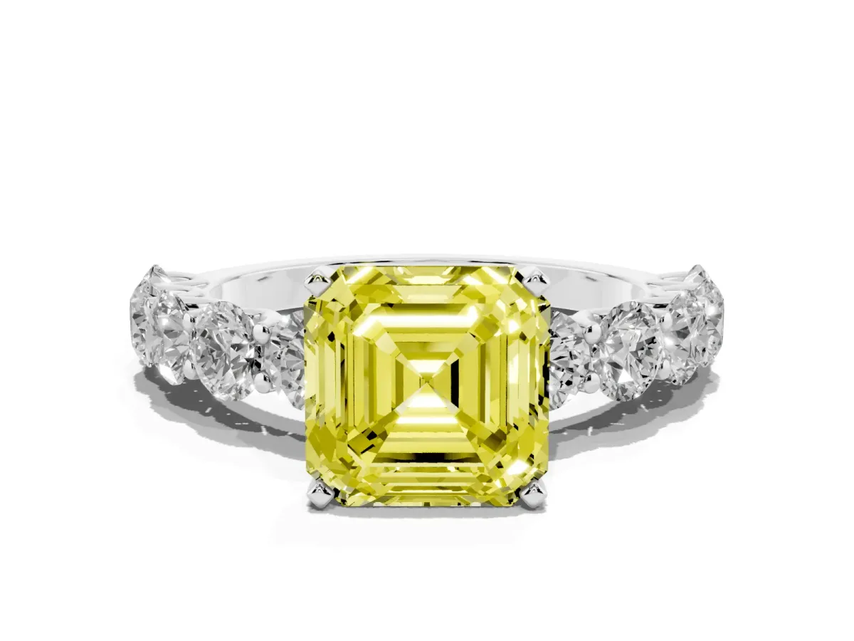 Fancy Yellow Asscher Cut Diamond Prong Setting with Side Stones on a Pave Band Silver