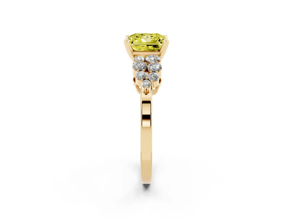 Fancy Yellow Princess Cut Cluster Diamond Engagement Ring with Pavé Band and Four-Prong Setting Yellow gold