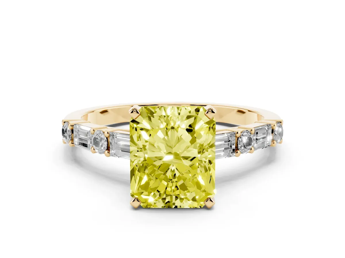 Fancy Yellow Radiant Cut Diamond Solitaire with Side Baguettes and Channel Set Band Yellow gold