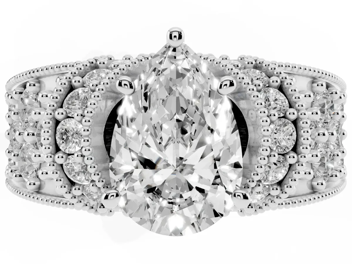 Pear Cut Halo Pave Diamond Engagement Ring with Milgrain Detailing Silver