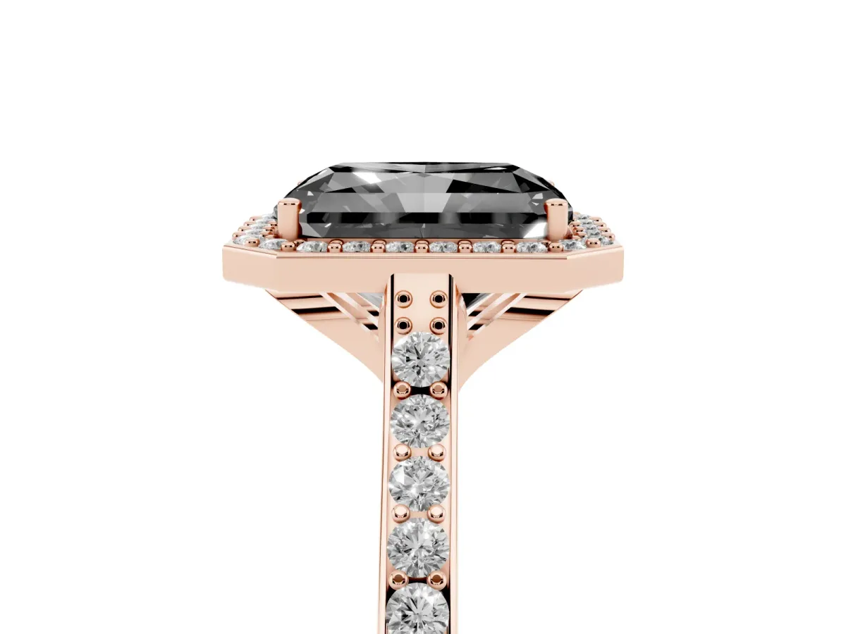 Fancy Black Radiant Cut Diamond Halo Engagement Ring with Round Pavé Shoulders and Prong Setting Rose gold