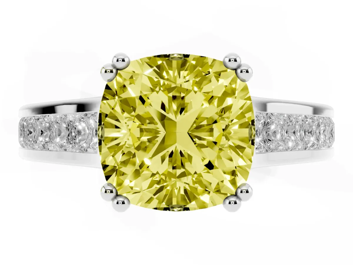 Fancy Yellow Cushion Cut Cut Channel Set Solitaire Engagement Ring with Prong Setting Silver