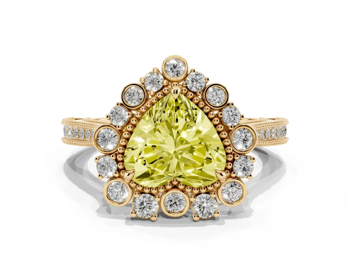 Fancy Yellow Heart Cut Halo Milgrain Pave Diamond Ring with Four-Prong Setting Yellow gold