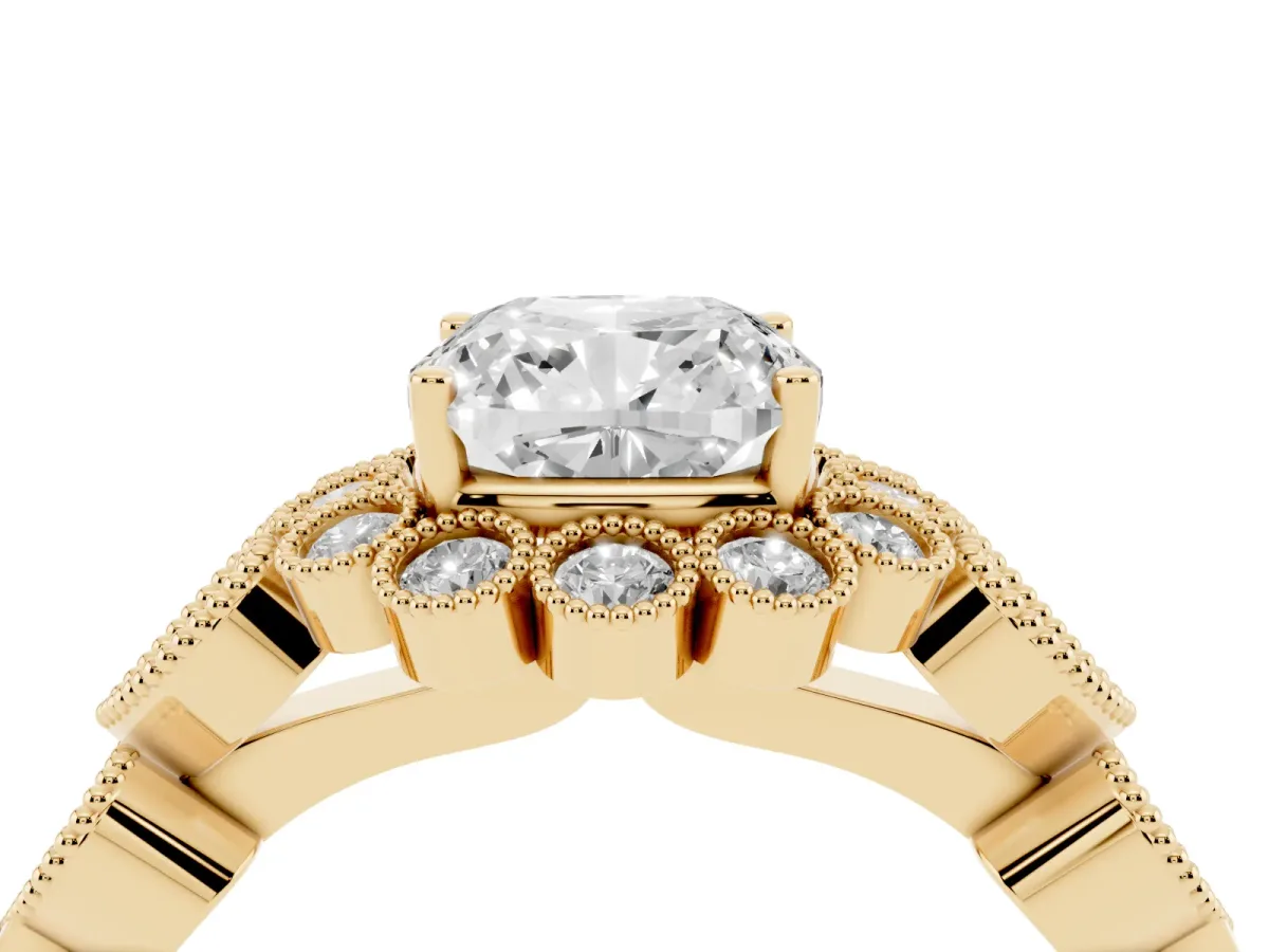 Cushion Cut Brilliant Milgrain Pave Heart Band Solitaire Ring Yellow gold