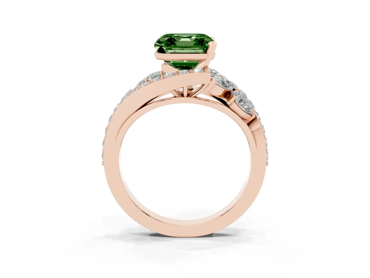 Fancy Green Asscher Cut Diamond Halo Ring with Marquise and Pavé Band in Prong Setting Rose gold