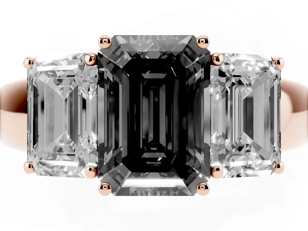 Fancy Black Three-Stone Emerald Cut Cut Diamond Ring with Prong Setting and Classic Band Rose gold