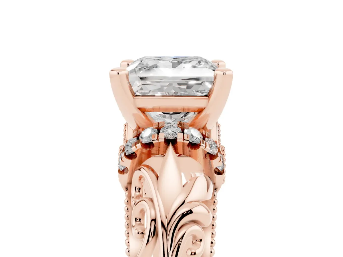 Princess Cut Solitaire Filigree Engagement Ring with Halo and Prong Setting Rose gold