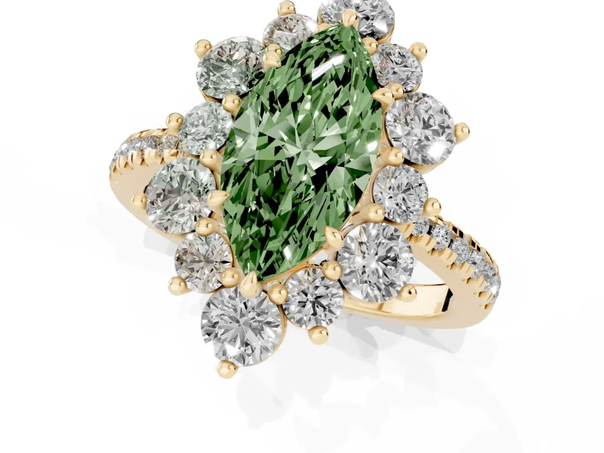 Fancy Green Marquise Cut Diamond Floral Halo Ring with Round Pavé Band and Prong Setting Yellow gold