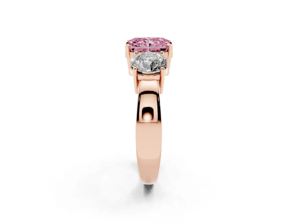 Fancy Pink Three-Stone Radiant Cut Diamond Ring with Round Side Stones, Classic Band, and Four-Prong Setting Rose gold
