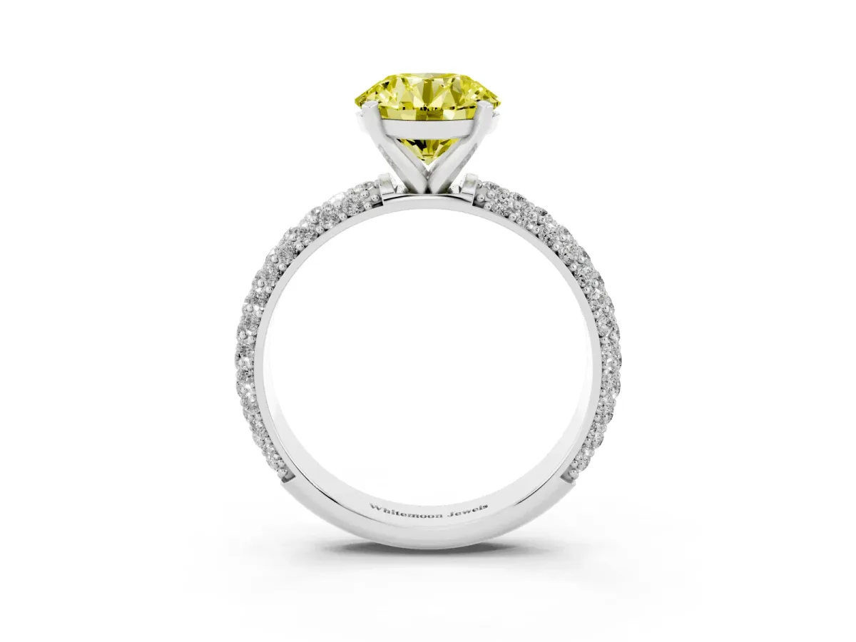 Fancy Yellow Round Cut Diamond Solitaire Ring with Prong Setting and Pavé Band Silver