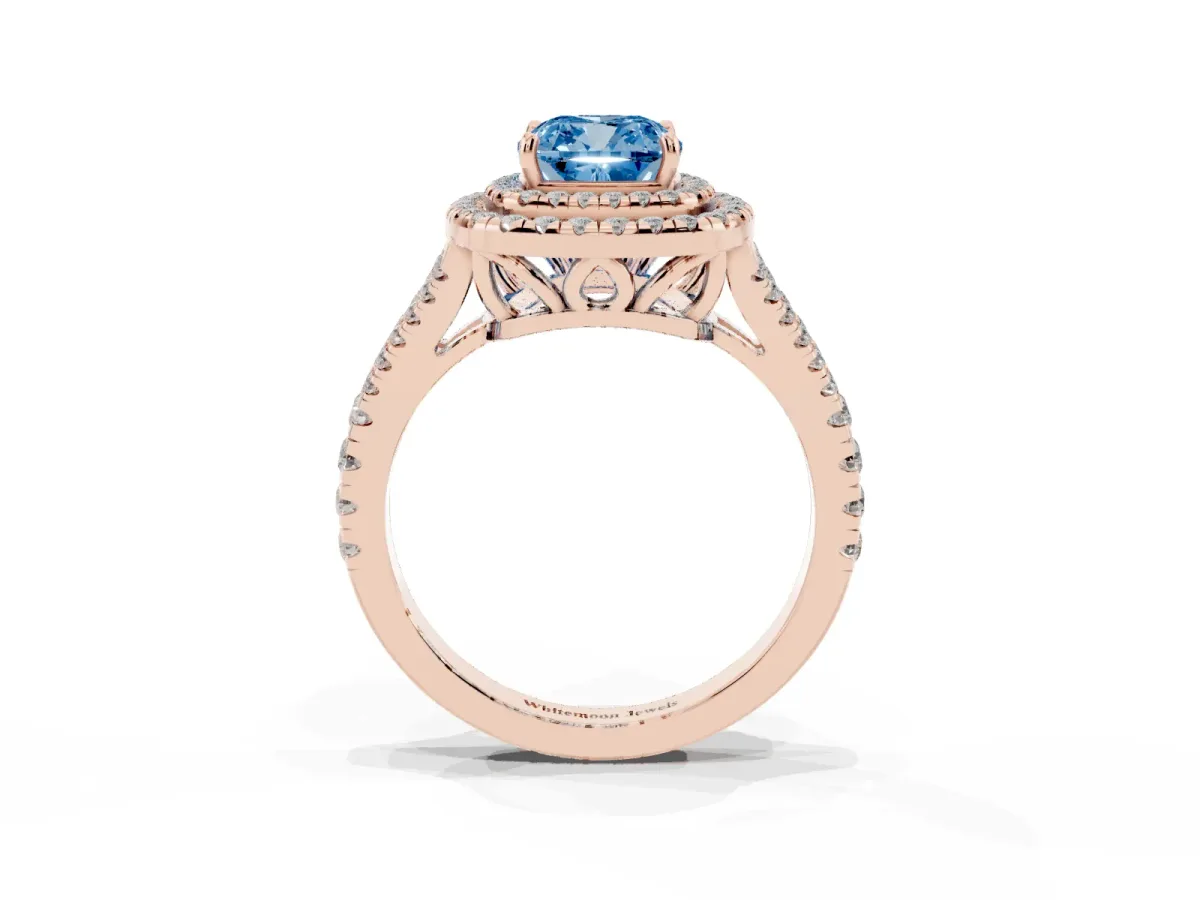 Fancy Blue Cushion Cut Diamond Double Halo Ring with Pavé Band and Prong Setting Rose gold