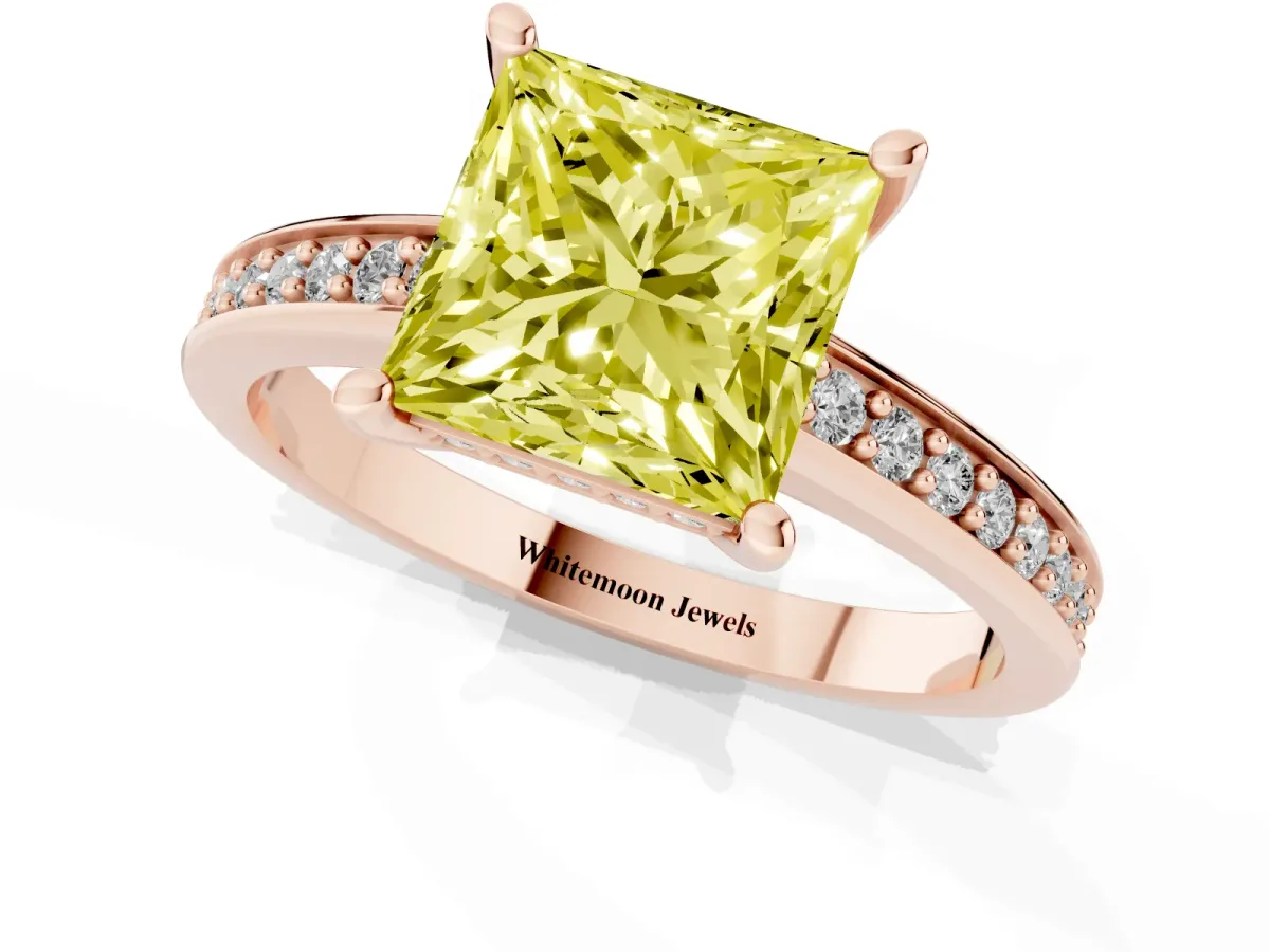 Fancy Yellow Princess Cut Solitaire Pavé Band Prong Setting Ring Rose gold