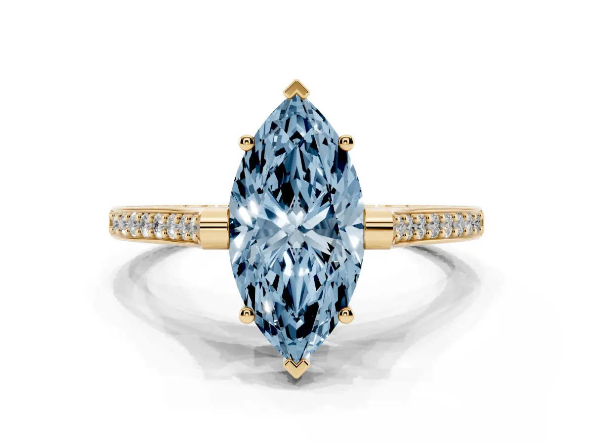 Fancy Blue Marquise Cut Solitaire Diamond Ring with Channel Set Band and Bezel Prong Setting Yellow gold