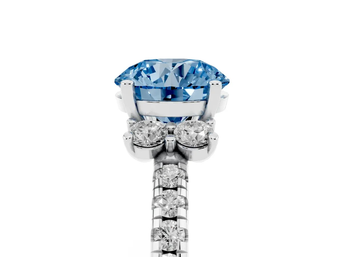Fancy Blue Round Cut Diamond Three-Stone Pave Band with Four-Prong Setting Platinum