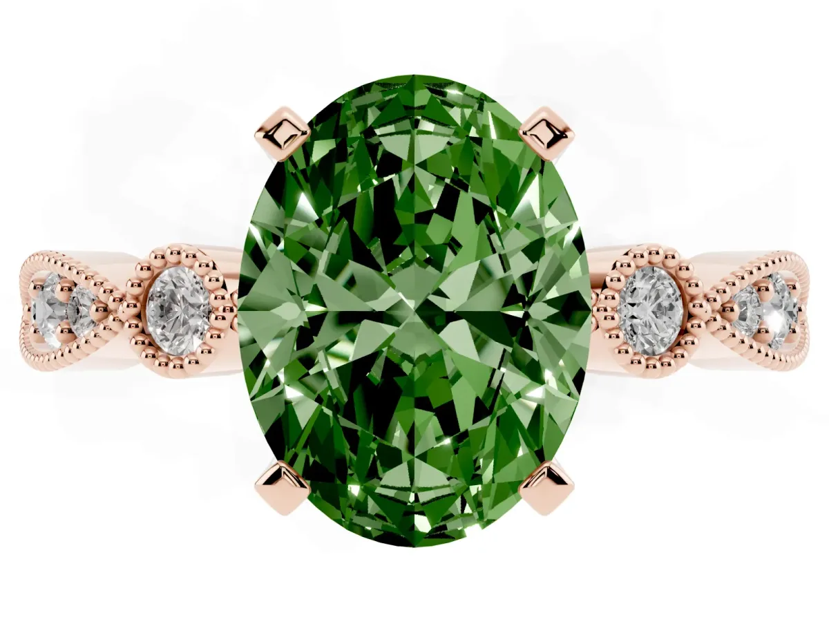 Fancy Green Oval Cut Milgrain Bezel Diamond Engagement Ring with Solitaire Prong Setting Rose gold