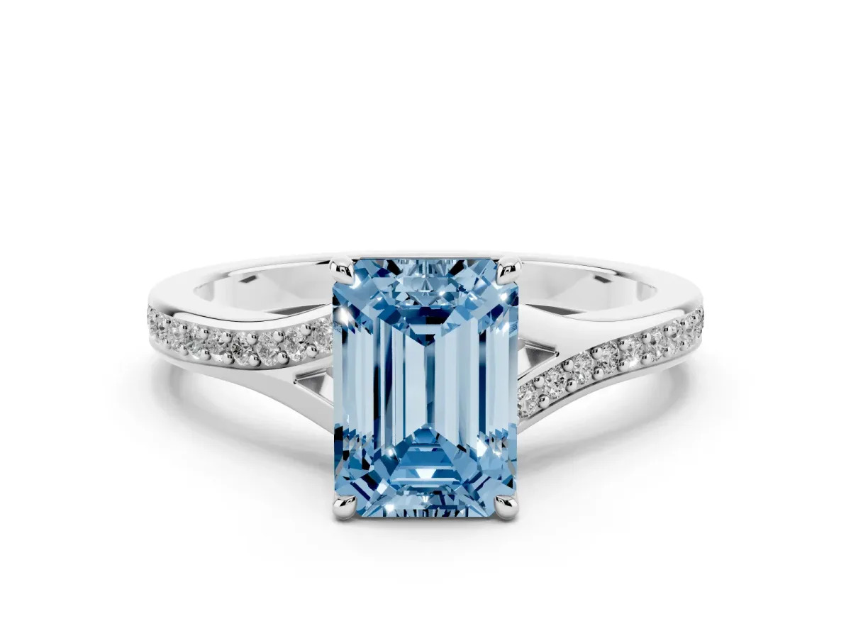 Fancy Blue Emerald Cut Diamond Solitaire Ring with Pavé Band and Prong Setting Platinum
