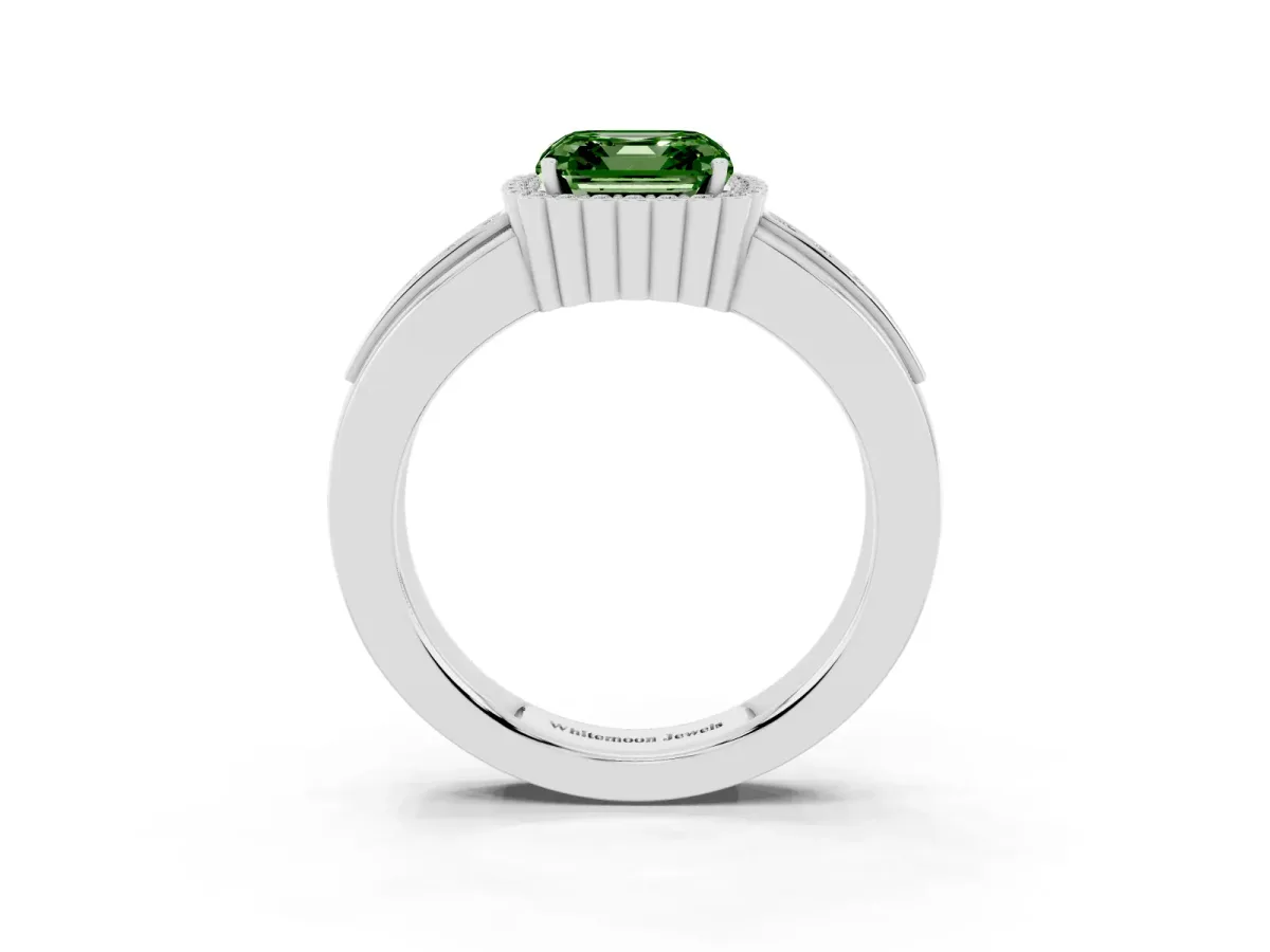 Fancy Green Asscher Cut Cut Halo Pave Band Four-Prong Ring Platinum