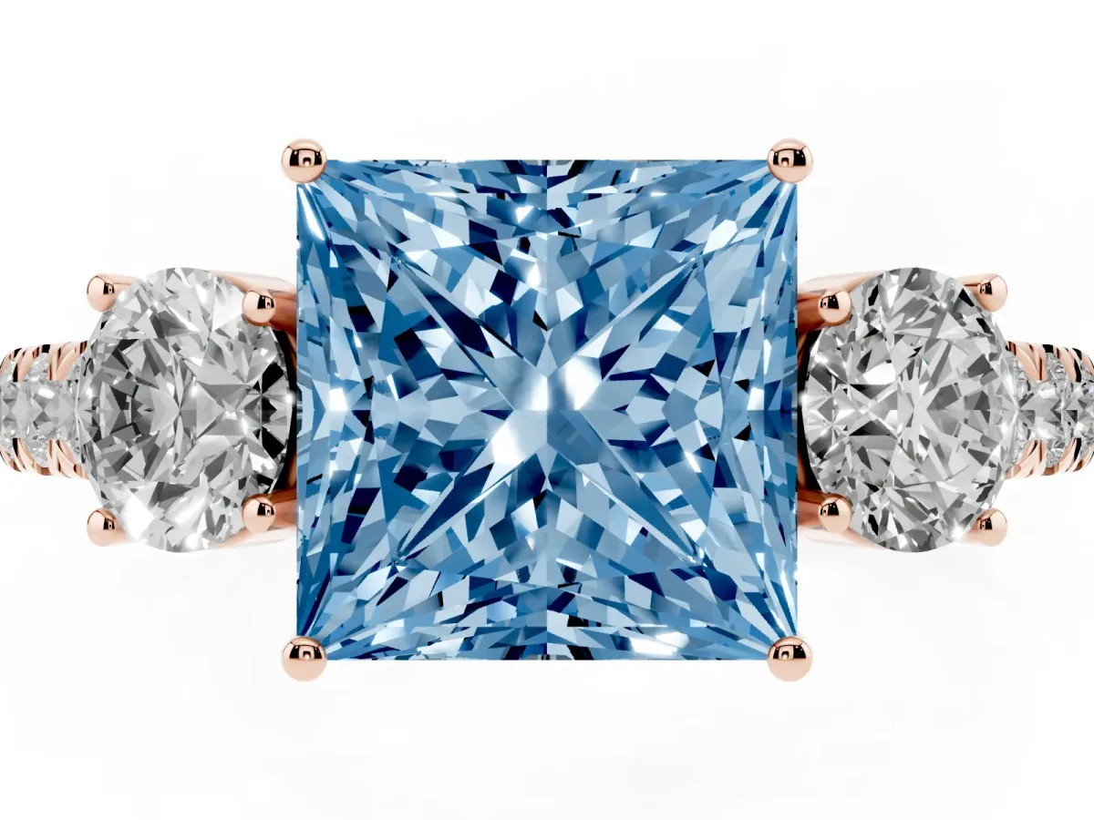 Fancy Blue Princess Cut Cut Diamond Three-Stone Ring with Round Side Stones and Pavé Band Rose gold