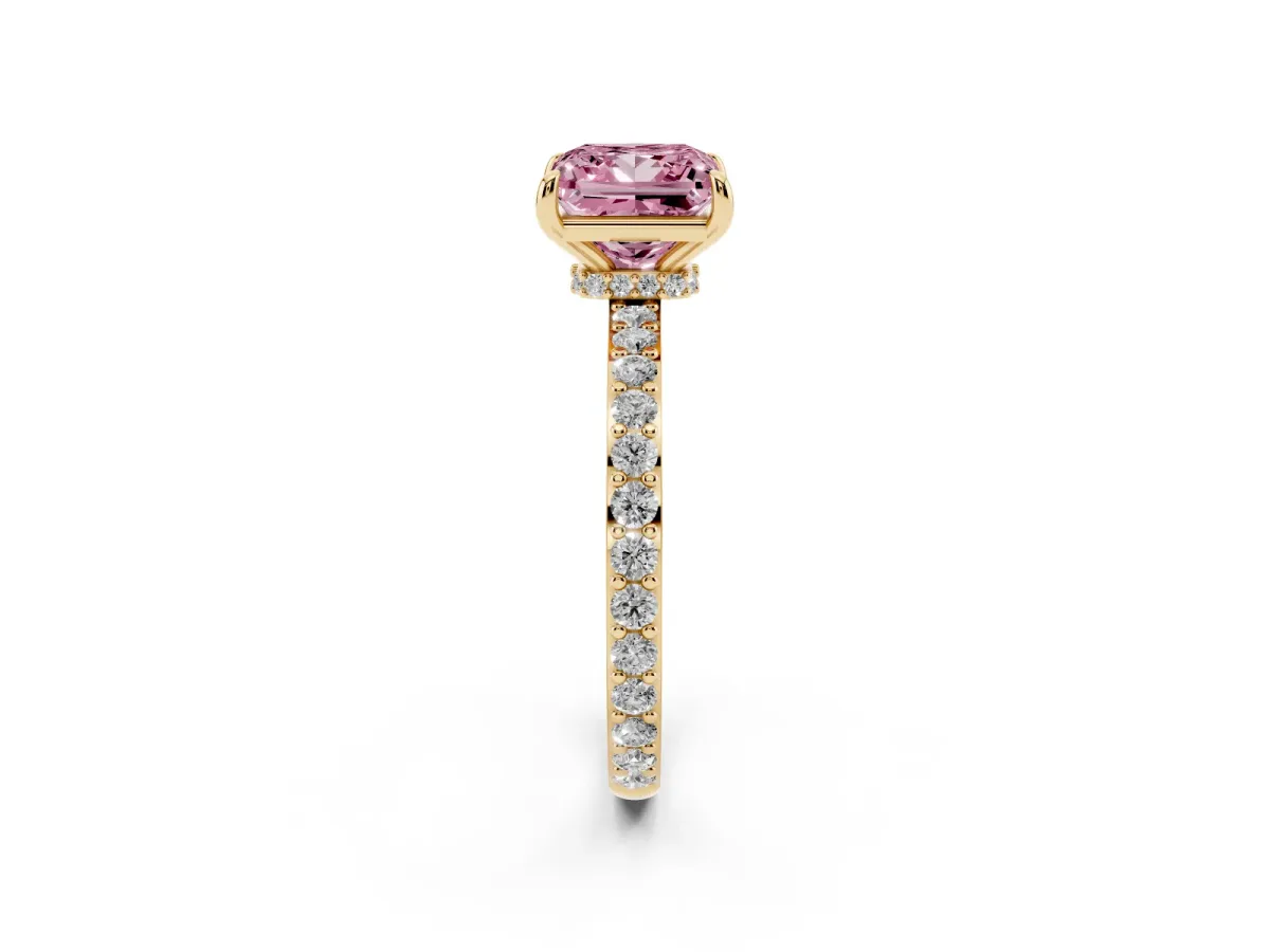 Fancy Pink Princess Cut Diamond Pavé Engagement Ring with Round Accents and Prong Setting Yellow gold