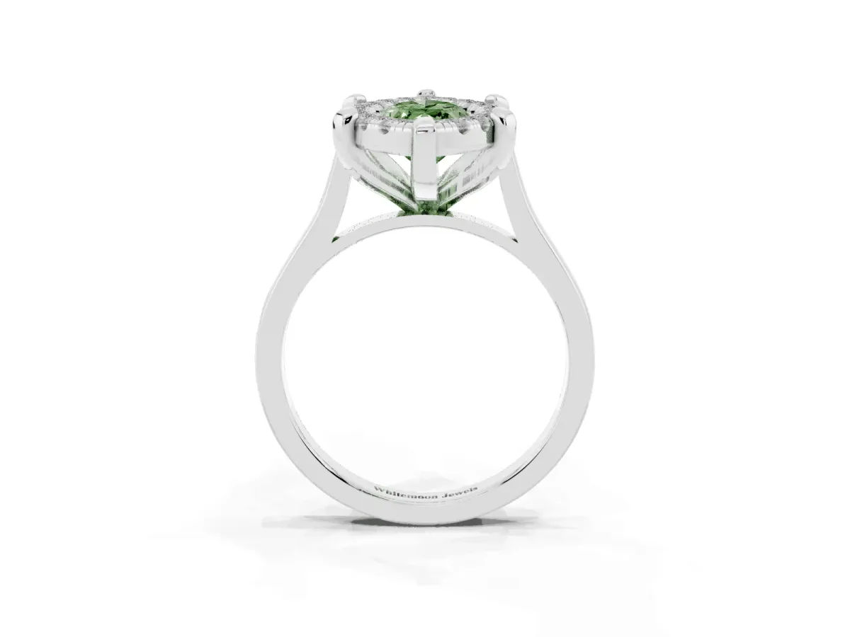 Fancy Green Marquise Cut Diamond Cluster Halo Solitaire with Four-Prong Setting Silver
