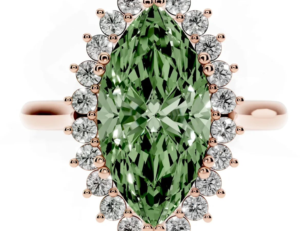 Fancy Green Marquise Cut Cut Diamond Halo Ring with Solitaire Band and Prong Setting Rose gold