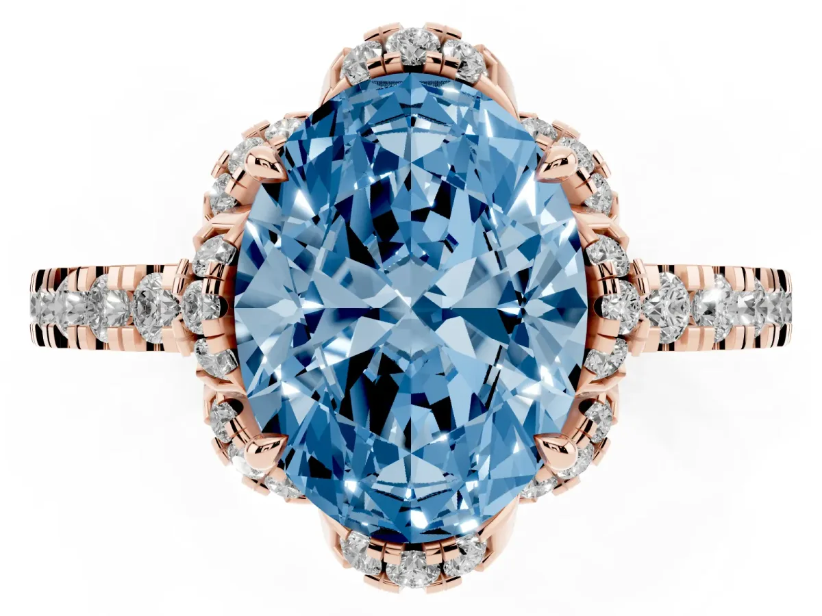 Fancy Blue Oval Cut Halo Diamond Pave Band Ring with Four-Prong Setting Rose gold