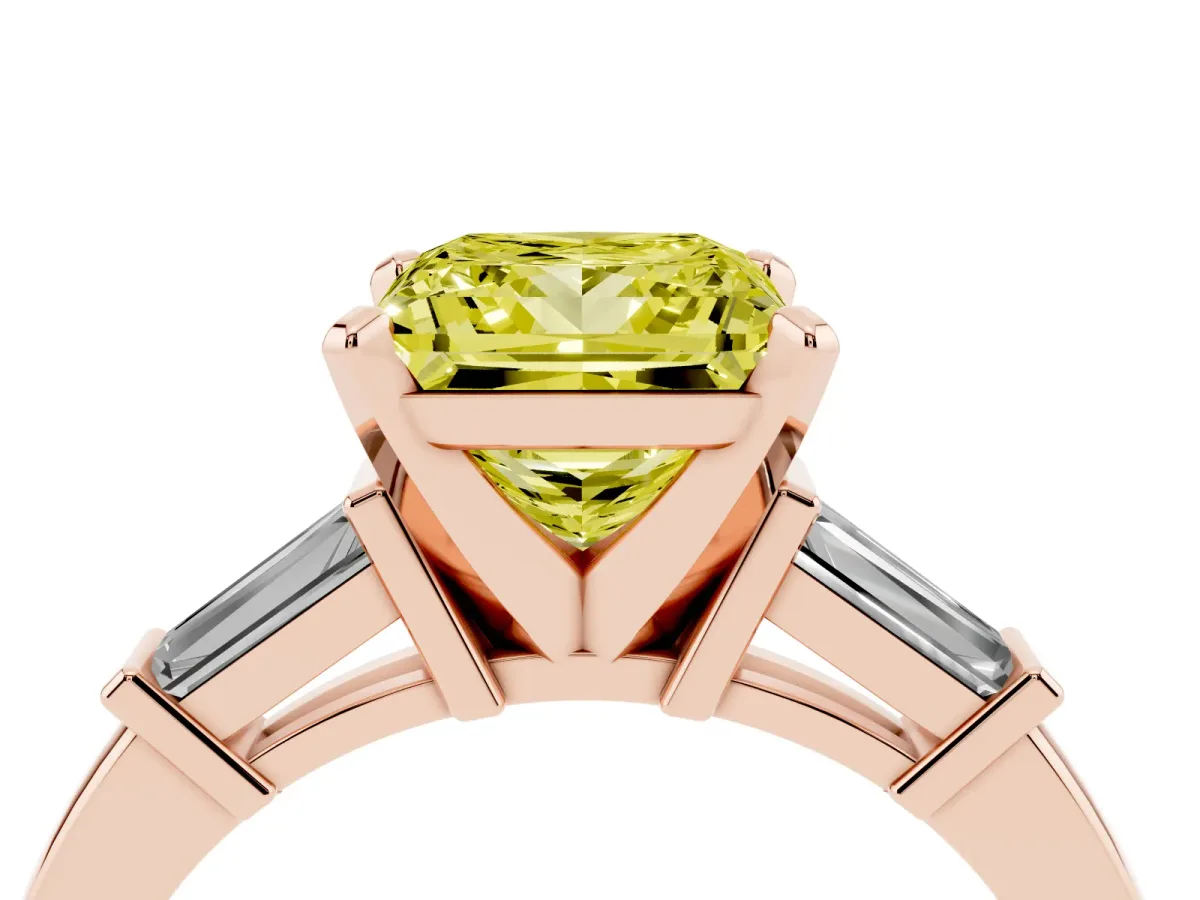 Fancy Yellow Princess Cut Cut Diamond Solitaire Ring with Tapered Baguette Accents and Four-Prong Setting Rose gold