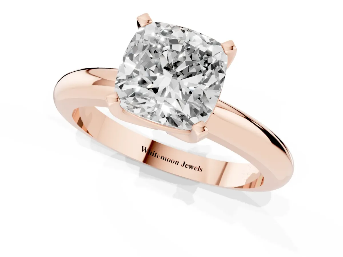Cushion Cut Diamond Solitaire Engagement Ring with Round Band and Four-Prong Setting Rose gold