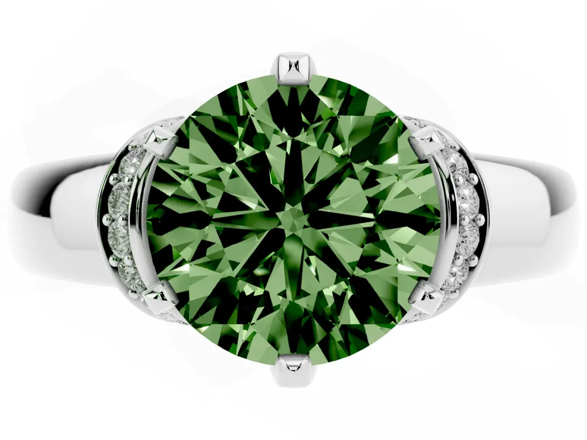 Fancy Green Round Cut Solitaire Diamond Ring with Pave Band and Six-Prong Setting Platinum