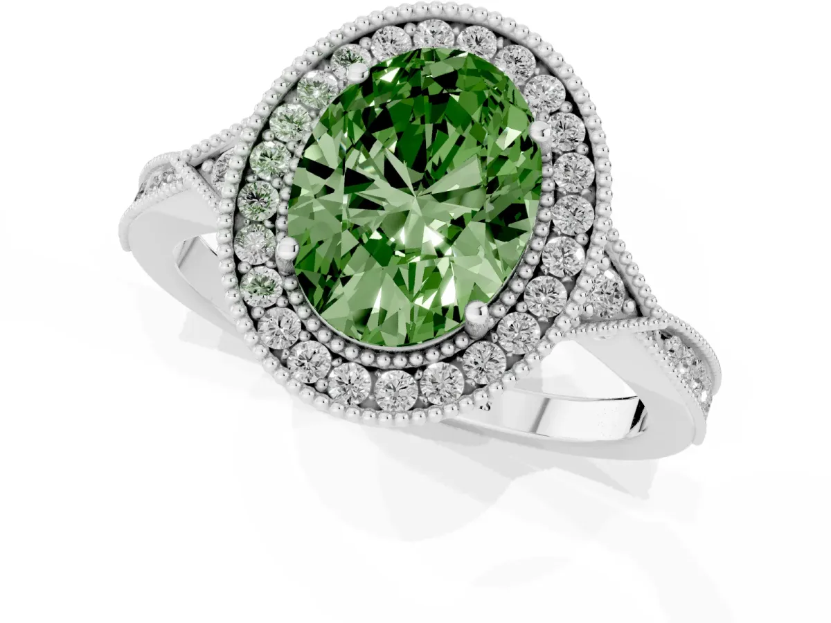 Fancy Green Oval Cut Halo Round Diamond Milgrain Pave Engagement Ring Silver