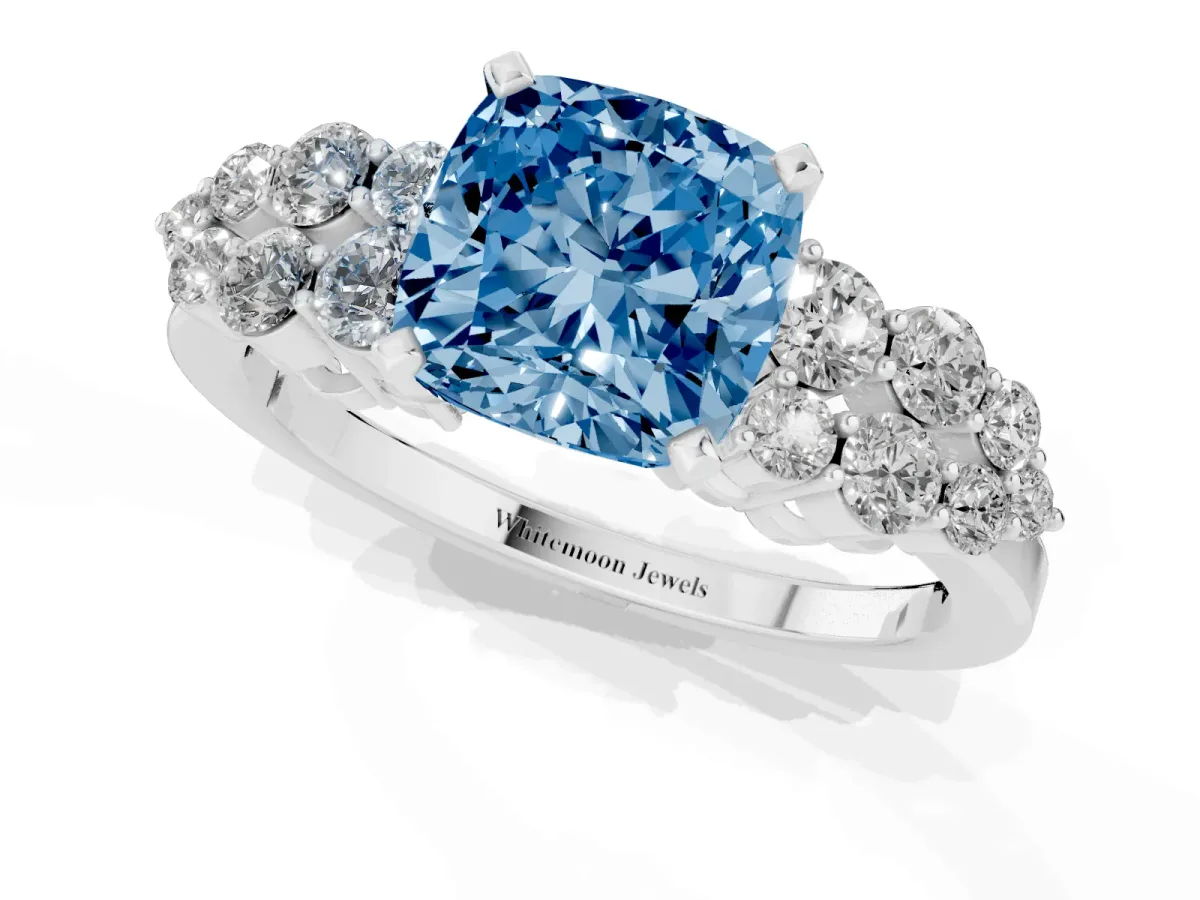 Fancy Blue Cushion Cut Cluster Diamond Engagement Ring with Pavé Band and Four-Prong Setting White gold