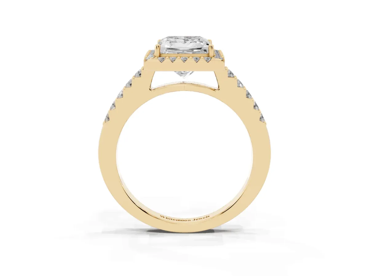 Princess Cut Halo Diamond Pavé Solitaire Ring Yellow gold