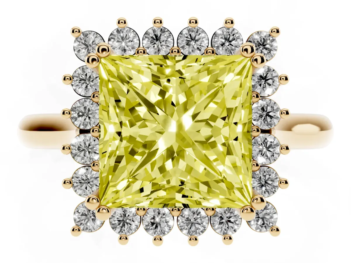Fancy Yellow Princess Cut Cut Diamond Halo Ring with Solitaire Band and Prong Setting Yellow gold
