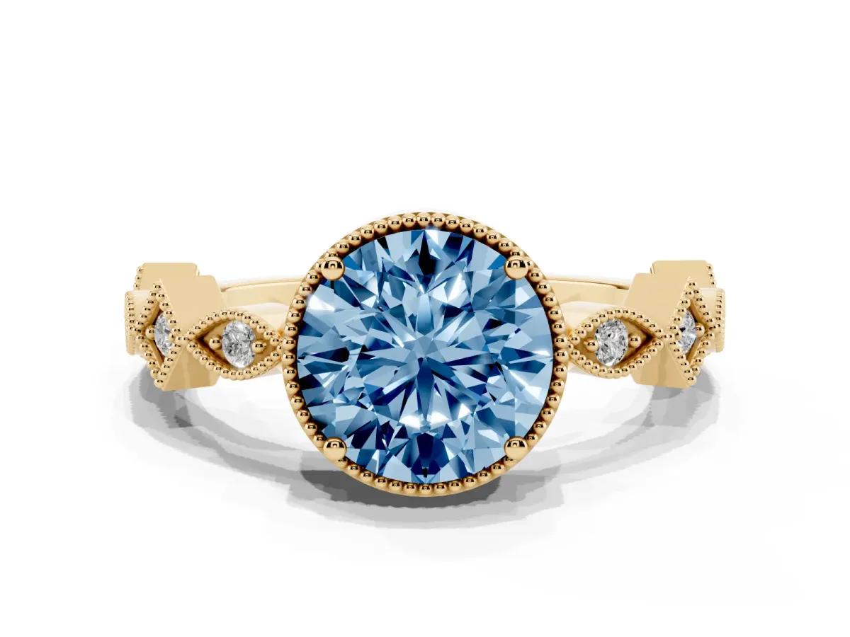 Fancy Blue Round Cut Milgrain Marquise Diamond Twist Band Ring Yellow gold