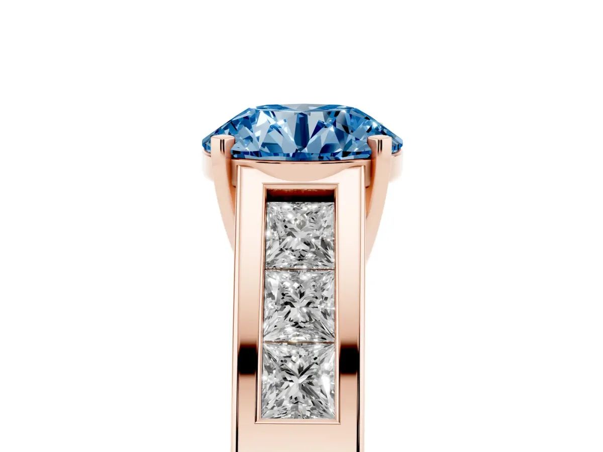 Fancy Blue Round Cut Cut Channel Set Solitaire Ring with Four-Prong Setting Rose gold