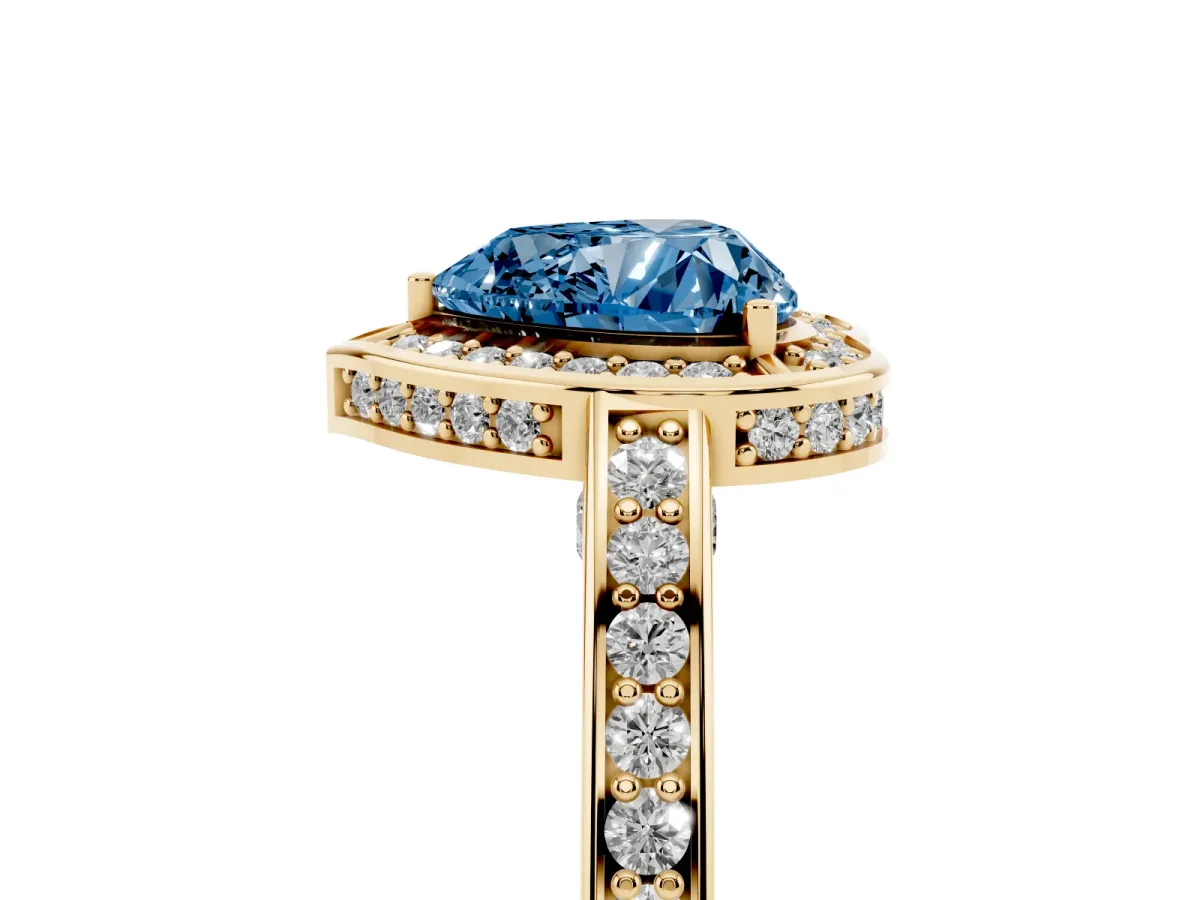 Fancy Blue Heart Cut Cut Halo Pave Split Shank Prong Setting Ring Yellow gold