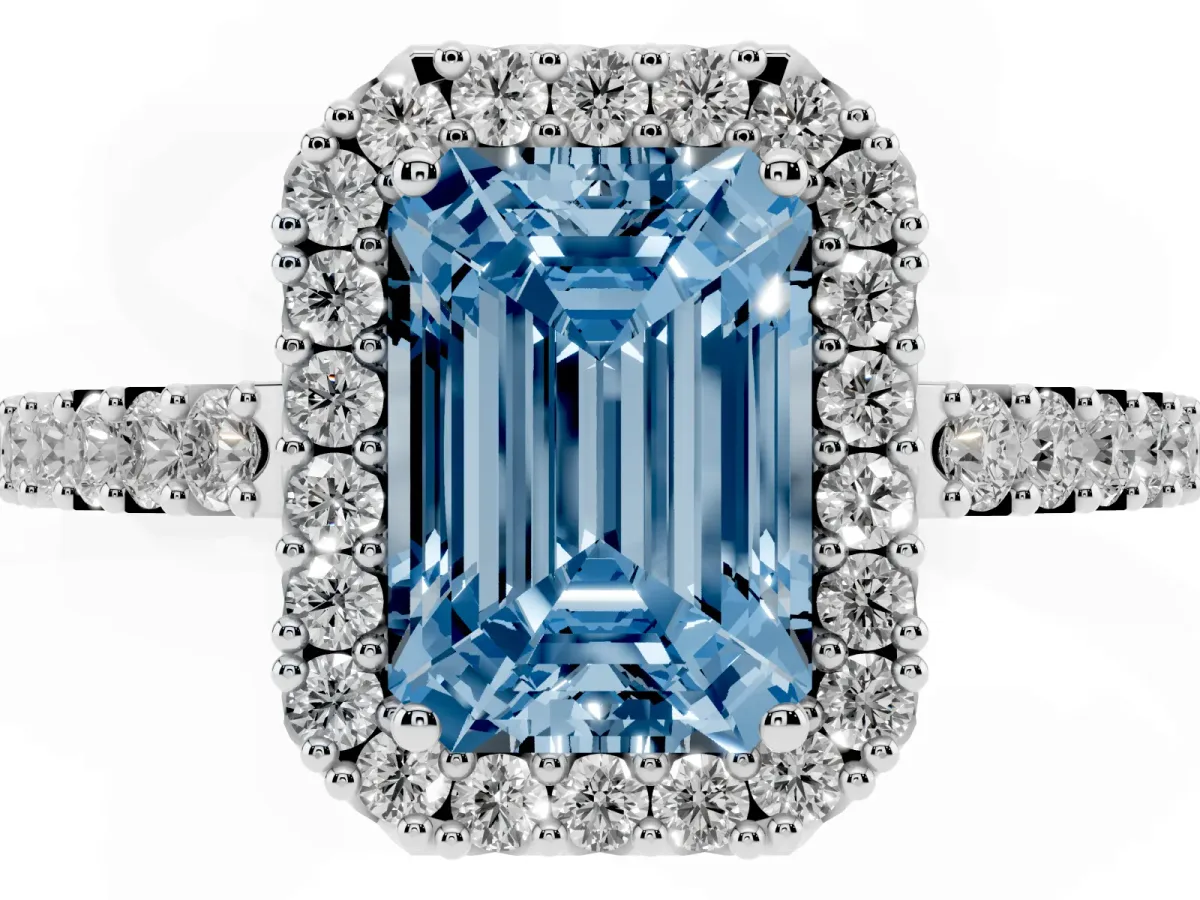 Fancy Blue Emerald Cut Halo Diamond Pavé Solitaire Ring Platinum