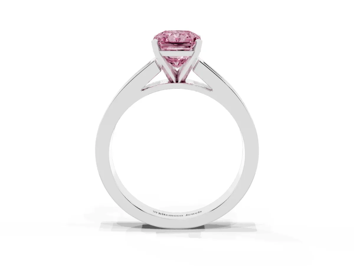 Fancy Pink Radiant Cut Solitaire Diamond Ring with Channel-Set Band and Four-Prong Setting Silver