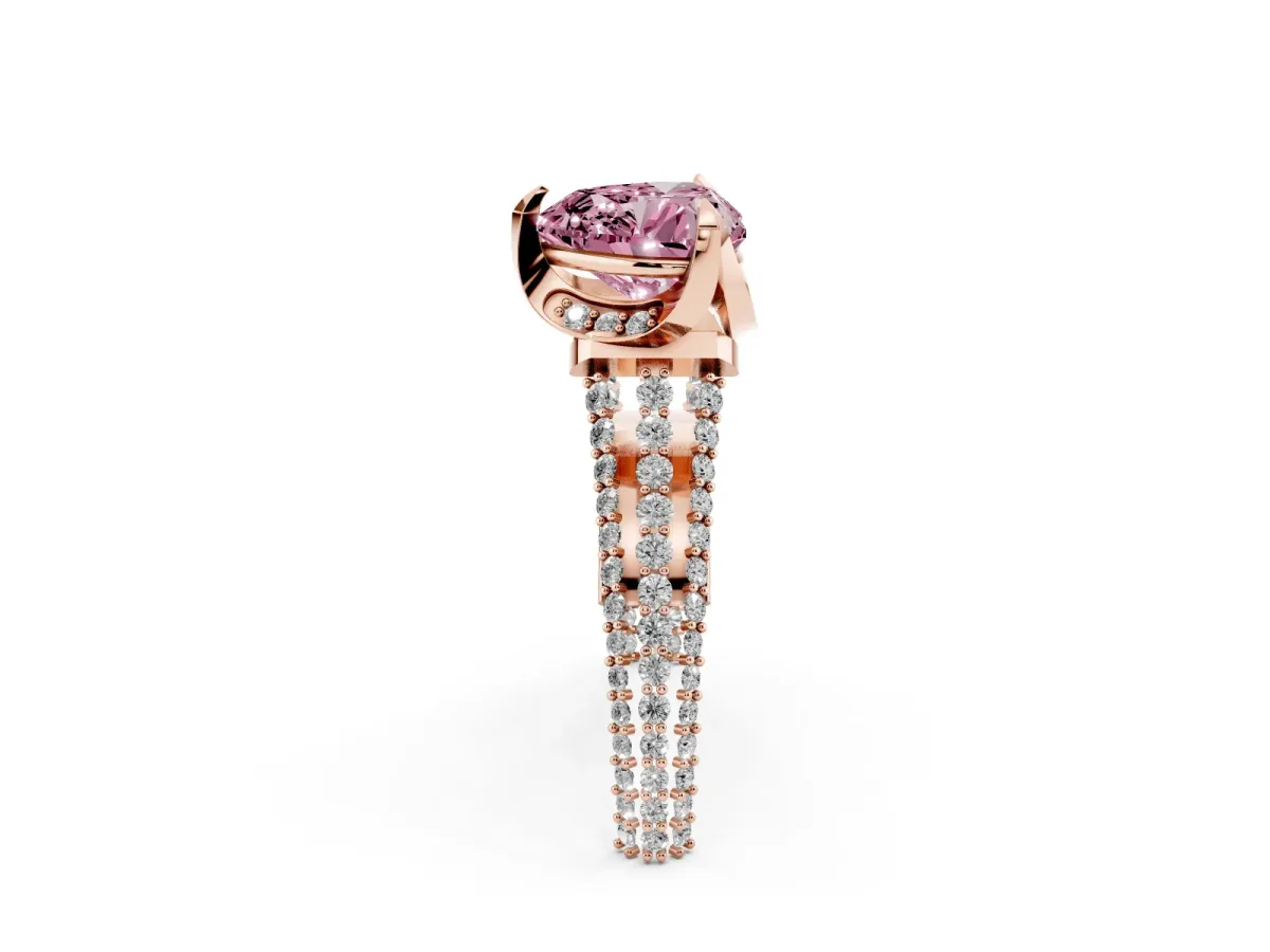 Fancy Pink Heart Cut Solitaire Pave Split Shank Ring with Four-Prong Setting Rose gold