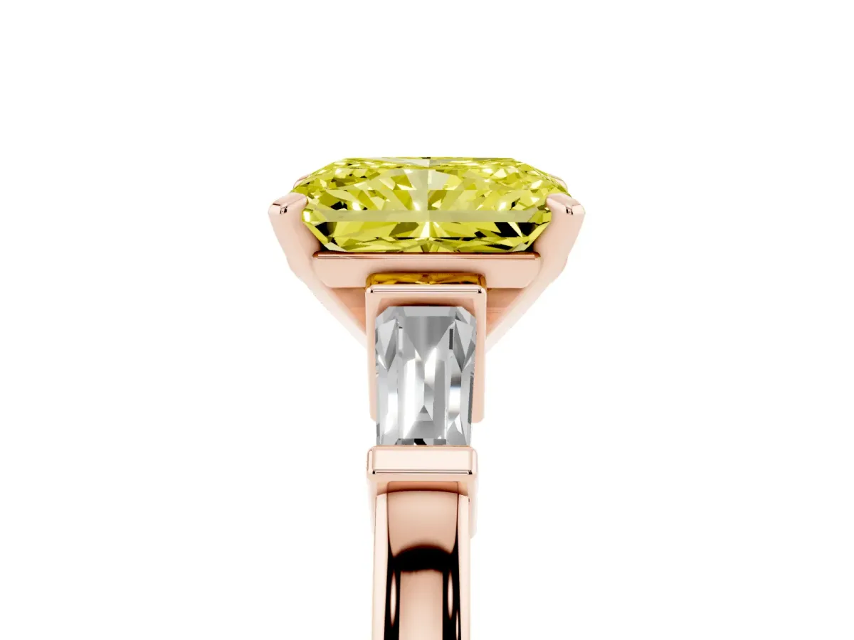 Fancy Yellow Radiant Cut Cut Diamond Solitaire Ring with Tapered Baguette Accents and Four-Prong Setting Rose gold