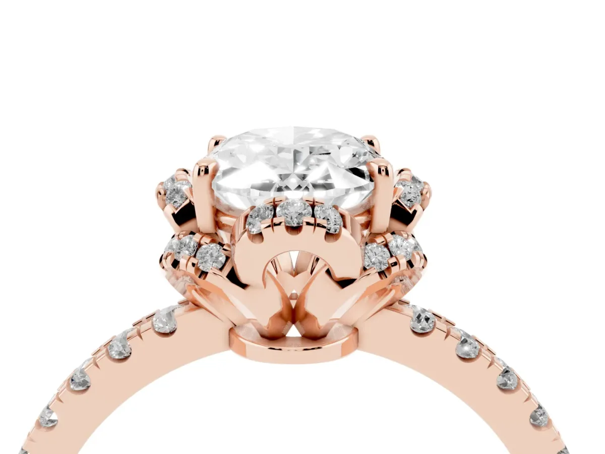 Oval Cut Halo Diamond Pave Band Ring with Four-Prong Setting Rose gold