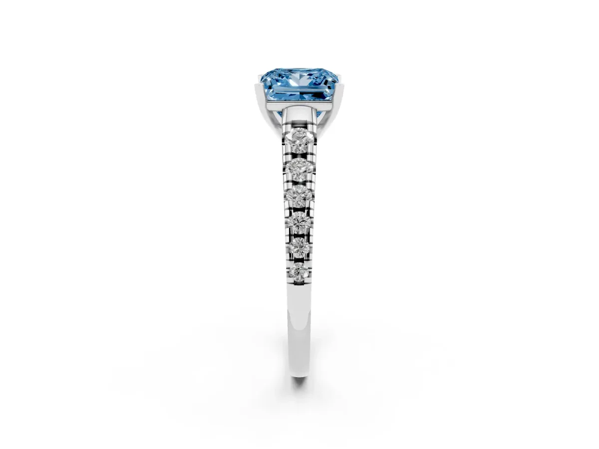 Fancy Blue Princess Cut Diamond Cathedral Solitaire Ring with Round Pavé Band Silver