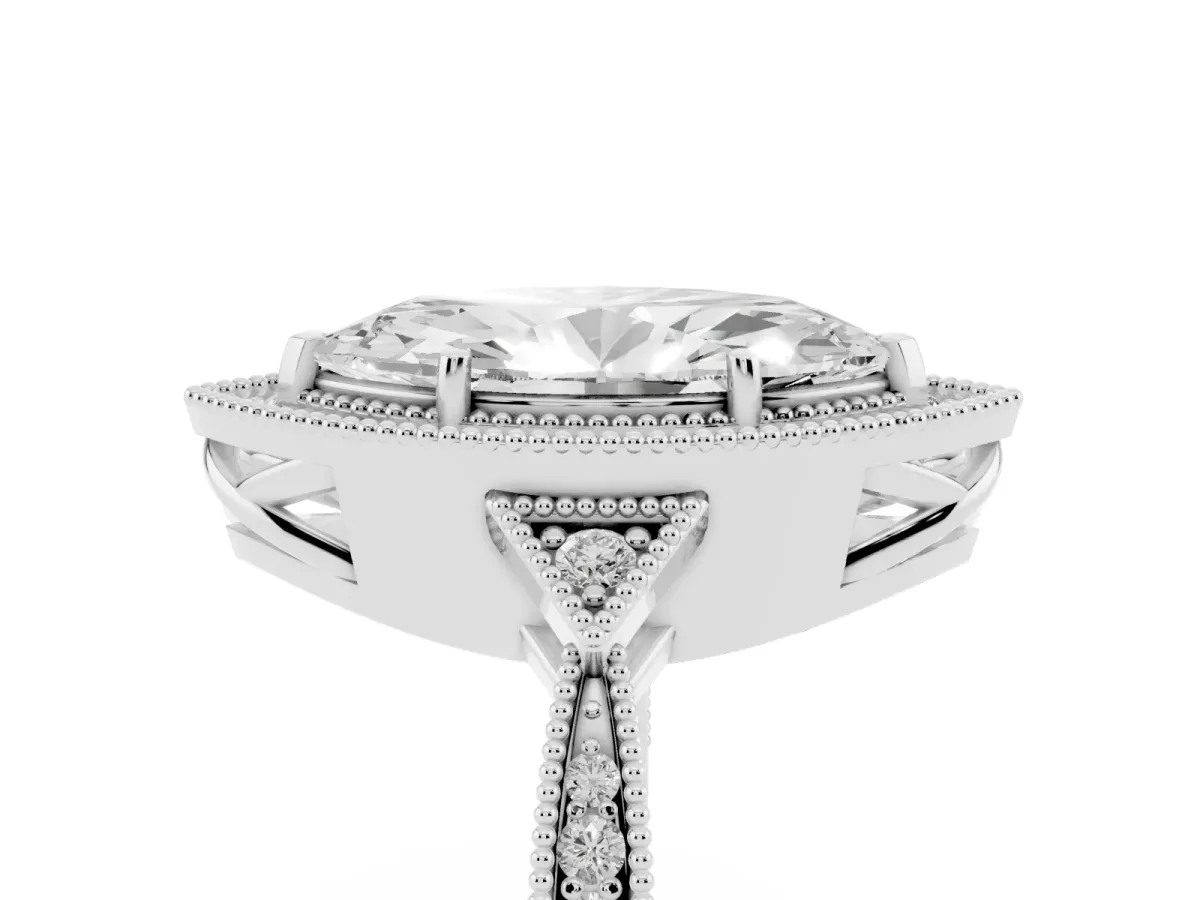 Marquise Cut Halo Round Diamond Milgrain Pave Engagement Ring Silver