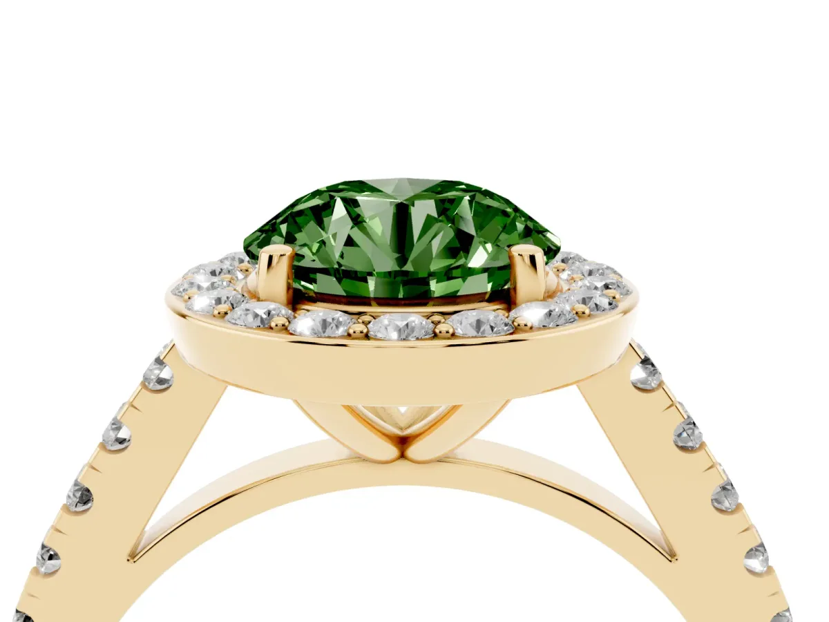 Fancy Green Round Cut Diamond Halo Ring with Round Pavé Split Shank and Prong Setting Yellow gold